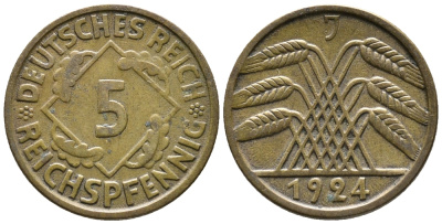 ГЕРМАНИЯ 5 РЕЙХСПФЕННИГОВ 1924 J KM 39, J. 316 алюминиевая бронза 39-532
