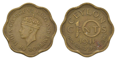 Цейлон 10 центов 1944 KM 118 никель латунь 4625-654