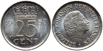 НИДЕРЛАНДЫ 25 ЦЕНТОВ 1980 ЮЛИАНА KM 183 никель 4392-1348
