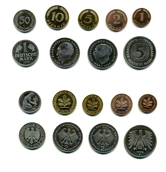 ФРГ набор из 9 монет 1975 G (1, 2, 5, 10, 50 пфеннигов, 1, 2, 2, 5 марок) PROOF N5-09