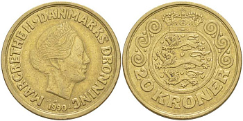 ДАНИЯ 20 КРОН 1990 LG; JP; A, МАРГРЕТЕ II (1972-) KM 871 алюминиевая бронза 38-436