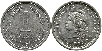 Аргентина 1 песо 1958 голова свободы влево KM 57 сталь плакированная никелем 4525-914