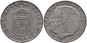 Швеция 1 крона 1981 Карл XVI Густав (1973- ) KM 852 медь плакированная медно-никелем 4397-1012