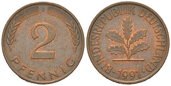 Германия 2 пфеннига 1991 J KM 106а, J. 381а сталь плакированная медью 4580-663