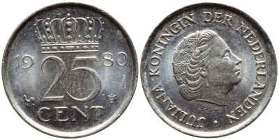 НИДЕРЛАНДЫ 25 ЦЕНТОВ 1980 ЮЛИАНА KM 183 никель 4392-1348