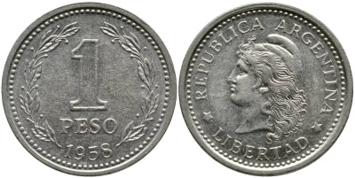Аргентина 1 песо 1958 голова свободы влево KM 57 сталь плакированная никелем 4525-914