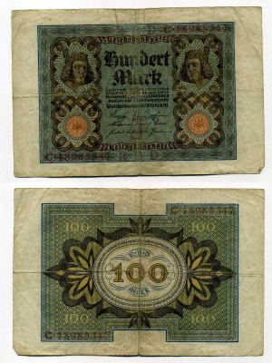 Германия 100 марок 1920 Бамбергский всадник, 8 цифр в номере Pick 69 b, Розенберг 69b бумага 8619-38-1-2