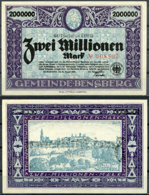 Германия, Бенсберг 2000000 марок 1923 нотгельд, 10.08.1923 бумага UNC (пресс) 444-108-1-2