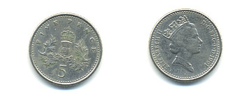 Великобритания 5 пенсов 1991 Елизавета II (1952-2022) KM 937b, Spink 4372 (D4) медно-никель 59-644