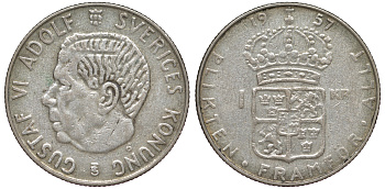 Швеция 1 крона 1957 TS, Густав VI Адольф (1950-1973) KM 826 серебро 4178-432