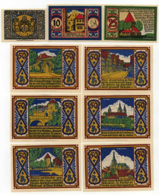 ОСНАБРЮК НАБОР ИЗ 9 НОТГЕЛЬДОВ 5, 10, 25 И 6х50 ПФЕННИГОВ 1921 ГОРОДСКИЕ ВИДЫ бумага UNC (ПРЕСС) 70-3111