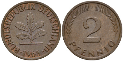 ФРГ 2 пфеннига 1965 J J.381  KM 106 бронза    4598-739