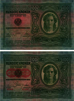 Австрия 100 крон 1912 (1919) красная надпечатка на Pick 12, на аверсе Pick 56 a бумага 7183-27-2-2