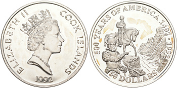 ОСТРОВА КУКА 50 ДОЛЛАРОВ 1992 500 ЛЕТ ОТКРЫТИЮ АМЕРИКИ, ФРАНСИСКО КОРОНАДО, ОТКРЫТИЕ ГРАНД КАНЬОНА, ВЕС 31,1035 ГР. KM 114 серебро PROOF 1074-7-33