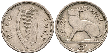 Ирландия 3 пенса 1965 заяц KM 12а медно-никель 92-236