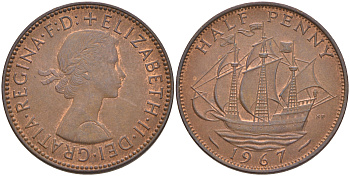 Великобритания 1/2 пенни 1967 Елизавета II (1952-2022) KM 896, Spink 4158 бронза 4561-537