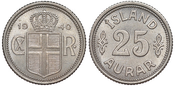 Исландия 25 эйре 1940 Кристиан X (1912-1944) KM 2.2 медно-никель UNC 4594-329