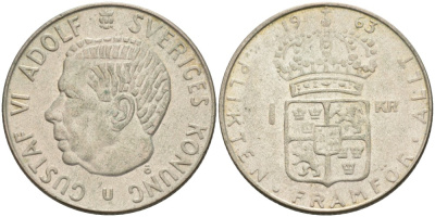 Швеция 1 крона 1963 U, Густав VI Адольф (1950-1973) KM 826 серебро 4542-426
