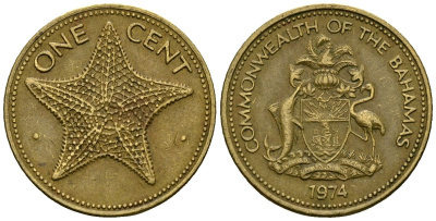 Багамские острова 1 цент 1974 морская звезда KM 59 латунь 4136-821