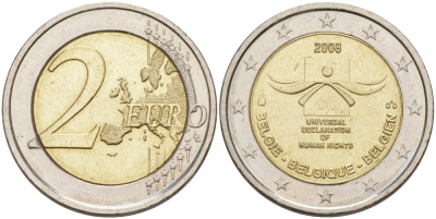 Бельгия 2 евро 2008 60 лет принятие декларации прав человека KM 248 биметалл аUNC 4111-723