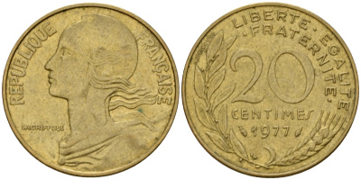Франция 20 сантимов 1977 тип Marianne KM 930 алюминиевая бронза 4393-343