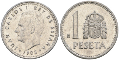 Испания 1 песета 1985 M, Хуан Карлос I (1975-2014) KM 821 алюминий 4401-653