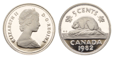 Канада 5 центов 1982 Елизавета II (1952-2022), бобр KM 60.2a никель PROOF 413-3232