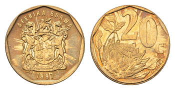 ЮАР 20 центов 1997 герб, цветок протея KM 162 сталь плакированная латунью UNC 4694-855