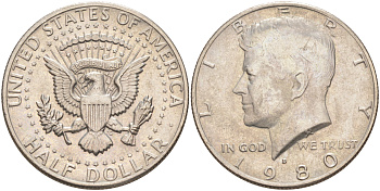 США 1/2 ДОЛЛАРА ( 50 ЦЕНТОВ ) 1980 D, ДЖОН КЕННЕДИ KM A202b медь плакированная медно-никелем UNC 4111-841