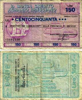 Италия 150 лир 1976 2 августа 1976, La Banca credito agrario Brescia бумага 7222-54-3-2