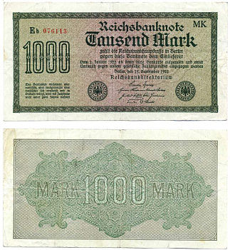 ГЕРМАНИЯ 1000 МАРОК 1922 СЕРИЯ МК, ВОДЯНОЙ ЗНАК №33 Pick 76, Розенберг 75q бумага 00-00