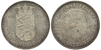 Нидерланды 10 гульденов 1973 25 лет правления королевы Юлианы KM 196 серебро аUNC 1516-1644