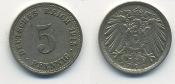 ГЕРМАНИЯ 5 ПФЕННИГОВ 1915 D, KM 11, J. 12 медно-никель 54-732