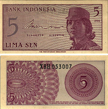 Индонезия 5 сенов 1964 девушка волонтер Pick 91 a  бумага аUNC 6352-39-4-1