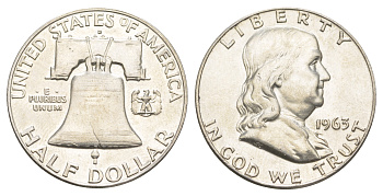 США 1/2 доллара (50 центов) 1963 Бенджамин Франклин, колокол KM 199 серебро  aUNC  4574-516