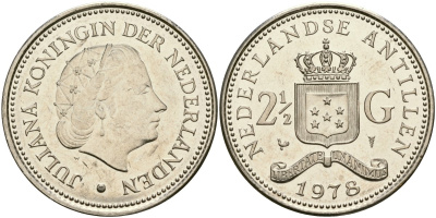 Нидерландские Антилы 2 1/2 гульдена 1978 Юлиана (1948-1980) KM 19 никель UNC 107-1224