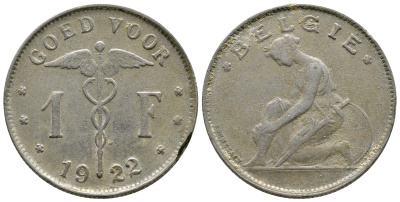 БЕЛЬГИЯ 1 ФРАНК 1922 BELGIE KM 90 никель 179-837