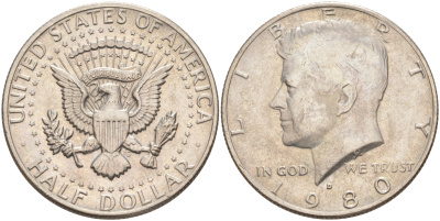 США 1/2 ДОЛЛАРА ( 50 ЦЕНТОВ ) 1980 D, ДЖОН КЕННЕДИ KM A202b медь плакированная медно-никелем UNC 4111-841