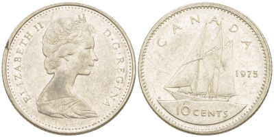 Канада 10 центов 1975 Елизавета II (1952-2022), парусник KM 77.1 никель 4516-1258