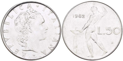ИТАЛИЯ 50 ЛИР 1982 R, КУЗНЕЦ KM 95.1 нержавеющая сталь 4523-713