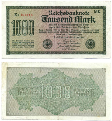 ГЕРМАНИЯ 1000 МАРОК 1922 СЕРИЯ МК, ВОДЯНОЙ ЗНАК №33 Pick 76, Розенберг 75q бумага 00-00