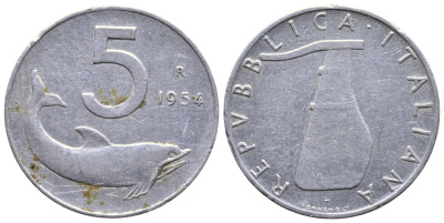 ИТАЛИЯ 5 ЛИР 1954 R, РУЛЬ, ДЕЛЬФИН KM 92 алюминий 4364-3155