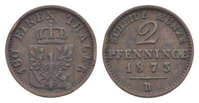 Пруссия 2 пфеннига 1873 B, Вильгельм I (1861-1888) KM 481, Jaeger 51, AKS 107, Olding 425 медь 4651-267