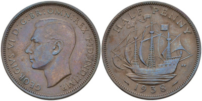 Великобритания 1/2 пенни 1938 Георг VI (1936-1952) KM 844, Spink 4115 бронза 4126-746