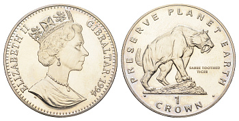 Гибралтар 1 крона 1994 Заповедник планета Земля - Саблезубый тигр KM 239 медно-никель BU 1524-1824