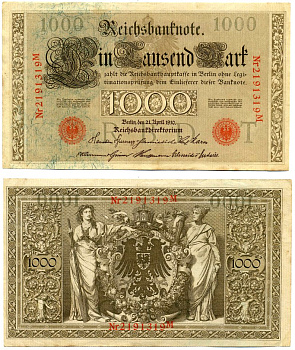 Германия 1000 марок 1910 21 апреля 1910, буква T, номер семизначный, серия M, выпуск (09.1922) Pick 44b, Розенберг 45с бумага 8618-18-1-1