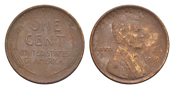 США 1 цент 1919 S KM 132 бронза 4632-745