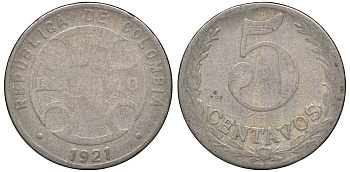 Колумбия 5 сентаво 1921 государственный лепрозорий KM L11 медно-никель 53-1042