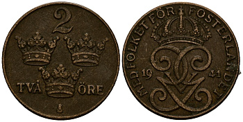 Швеция 2 эре 1941 Густав V (1907-1950) KM 778 бронза 4177-922