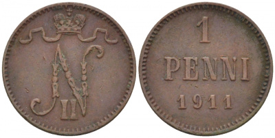 Россия для Финляндии 1 пенни 1911 Николай II (1894-1917) KM 13, Биткин 471 медь 4396-1341